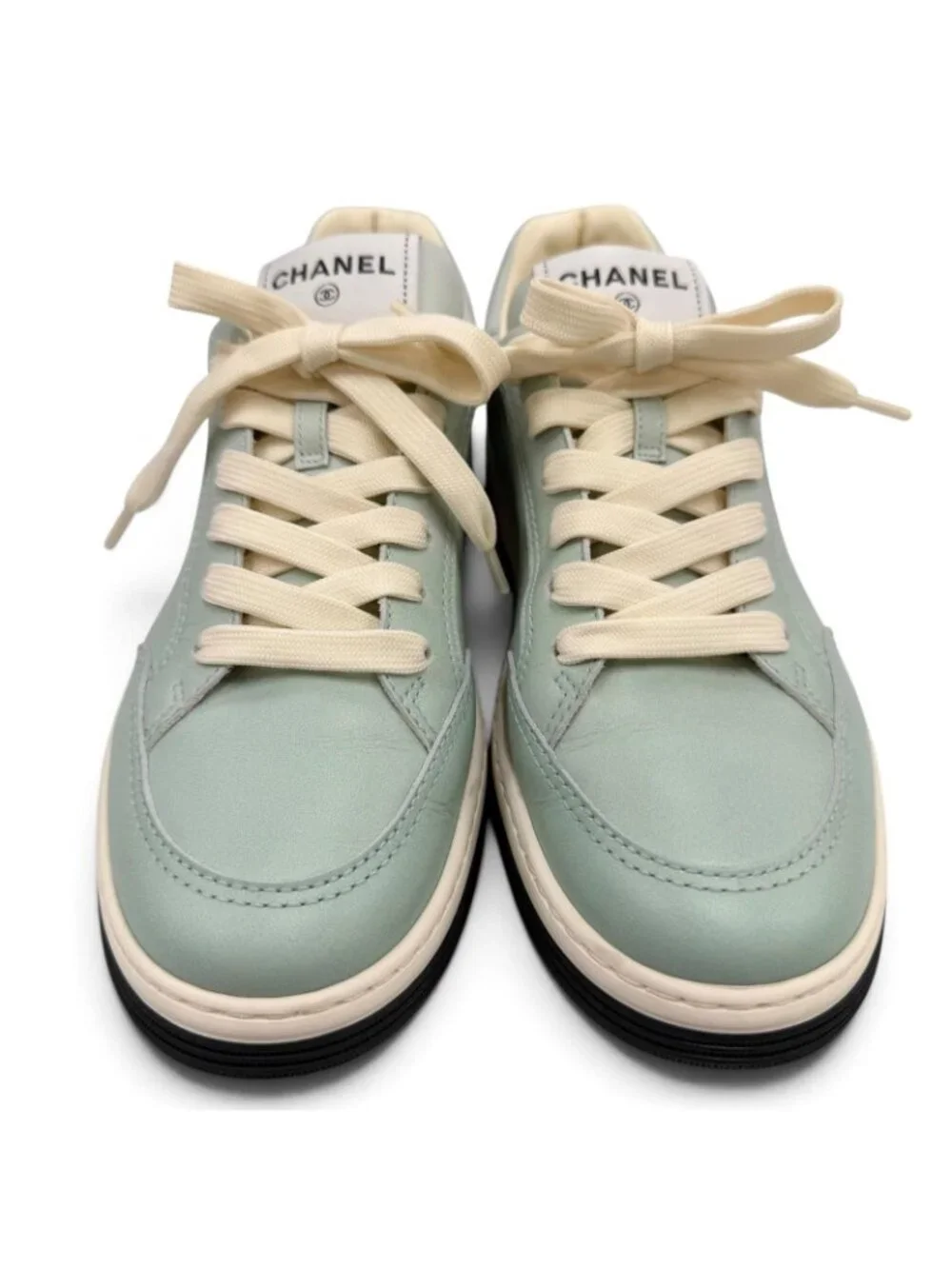 Chanel 24K Logo Lace Up Leather Low Cut Sneakers Mint Green